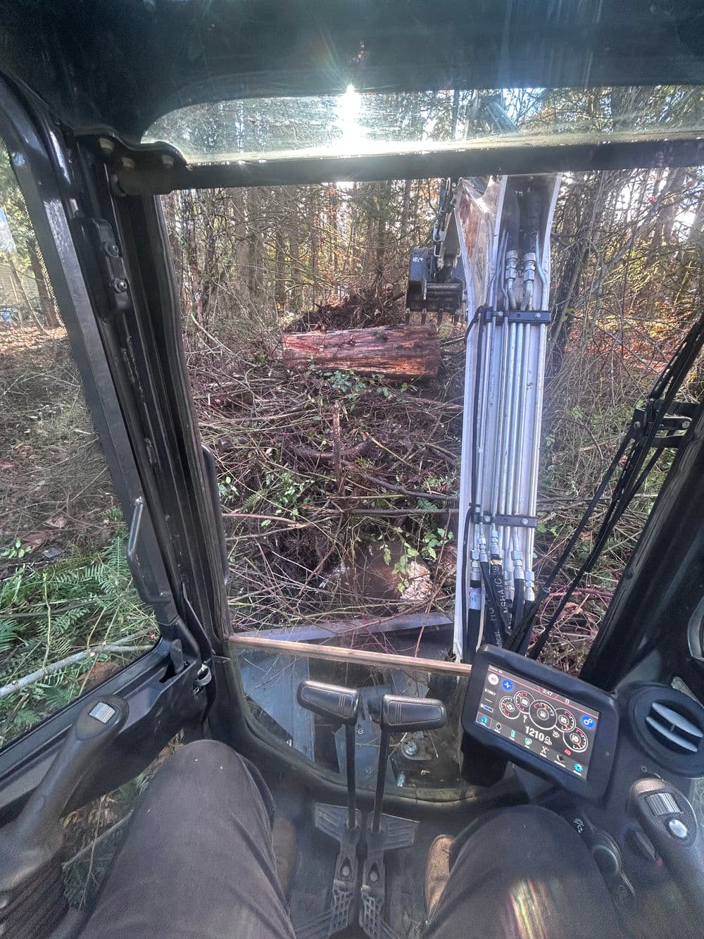 View from an excavator operator's cabin, overlooking a log amidst forested debris.