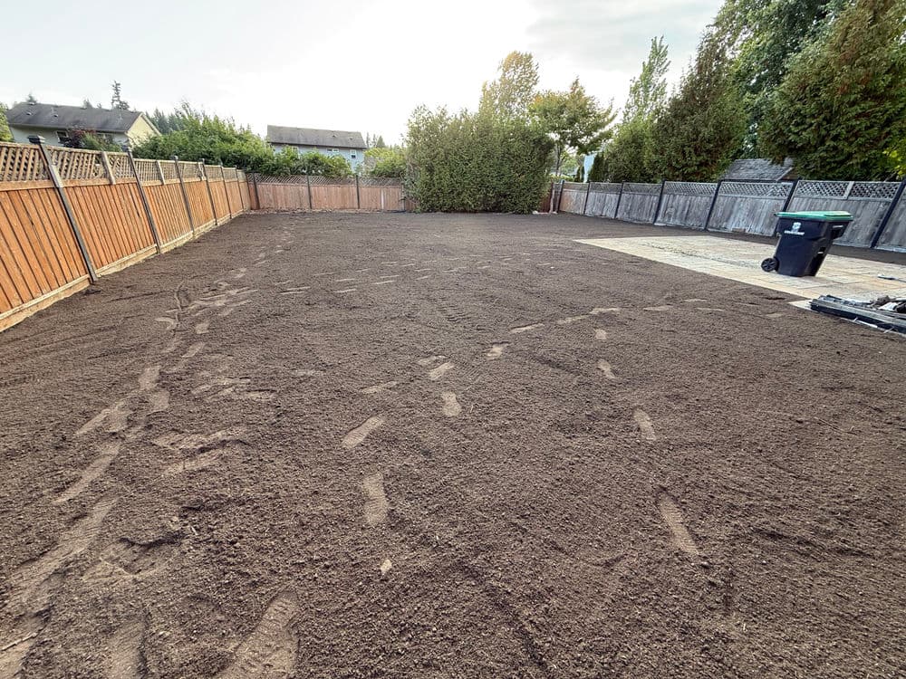 Empty backyard with fresh black soil, surrounded by wooden fences and trees.
