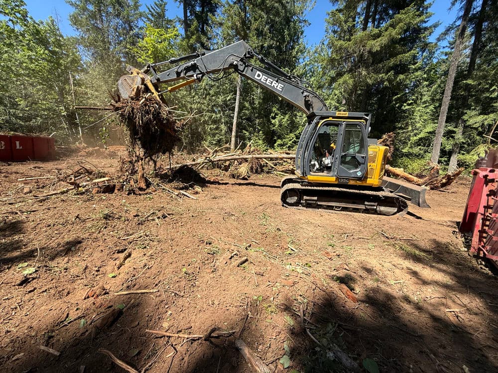 Excavator clearing trees and debris in a forested area, surrounded by greenery.