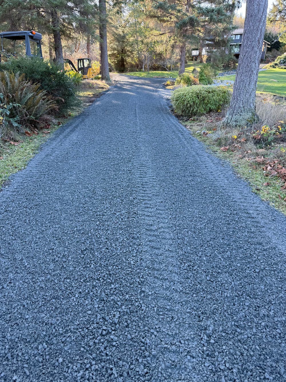 Gravel driveway with tire tracks surrounded by trees and greenery.