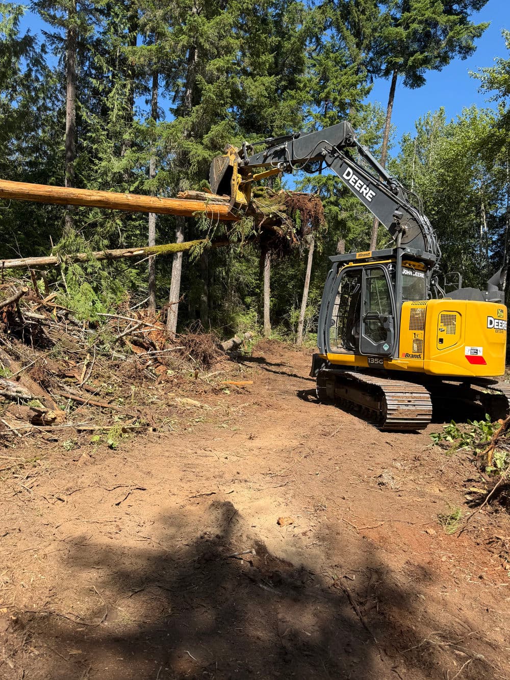John Deere excavator removing a tree in a forested area with lush green foliage.